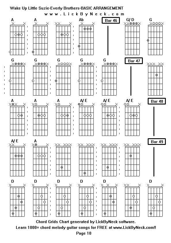 Chord Grids Chart of chord melody fingerstyle guitar song-Wake Up Little Suzie-Everly Brothers-BASIC ARRANGEMENT,generated by LickByNeck software.